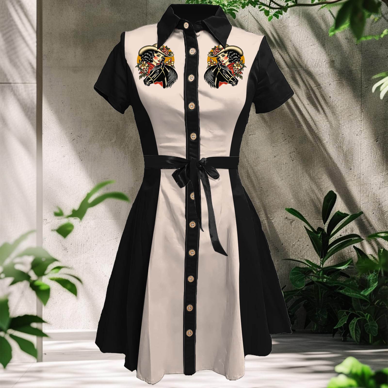 thumbnail image 2 of Vestido camisero vintage para mujer con estampado floral western: botones, corte A, cintura elástica, vestido midi retro de verano., 2 of 4